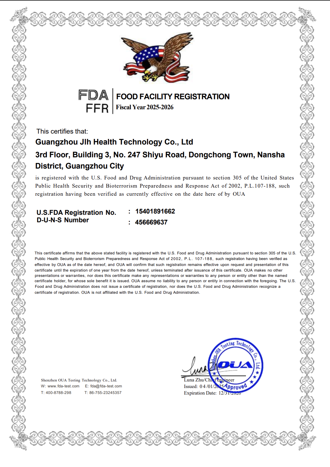 Registro de la planta de KAFFIZ ante la FDA