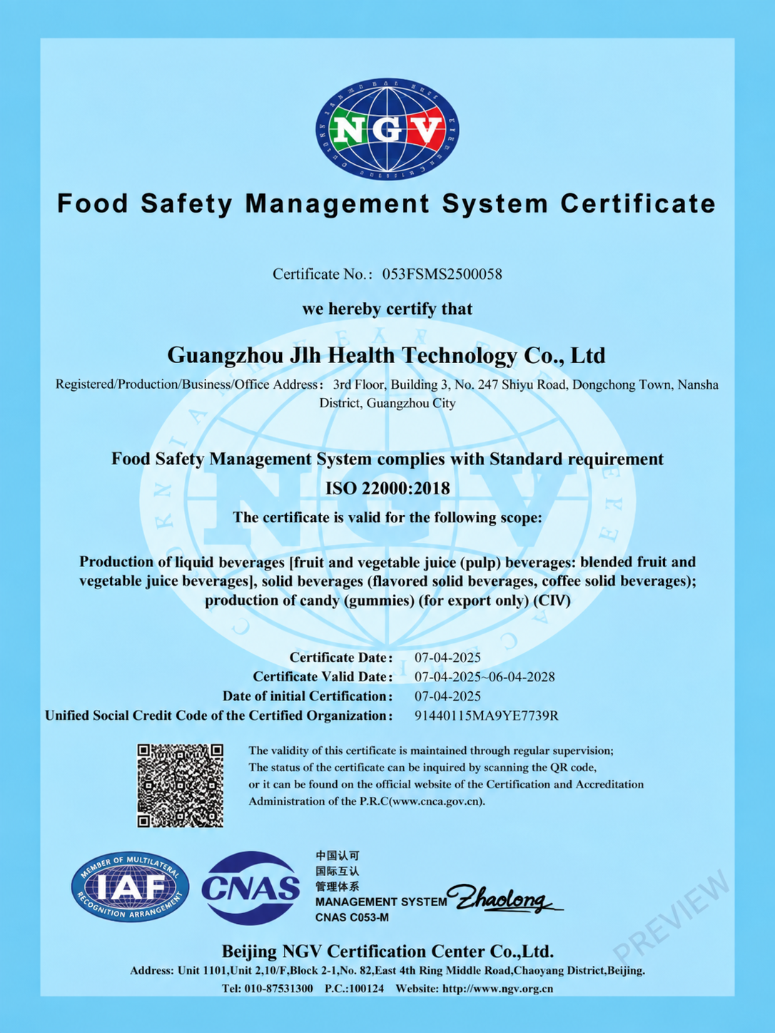 Certificado del sistema de gestión de inocuidad alimentaria de la planta de KAFFIZ
